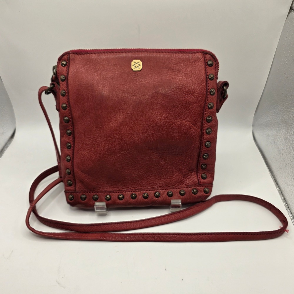 Kompanero Red Leather Studded Crossbody Bag Vintage Distressed Small Messenger